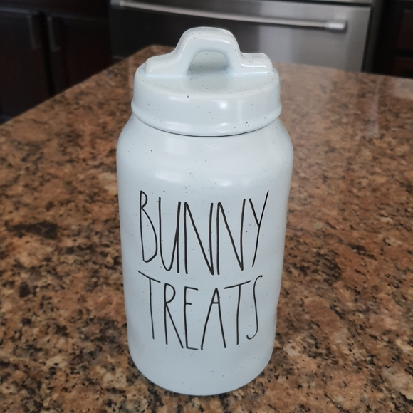 BUNNY TREATS Canister By Rae Dunn. Light Blue Speckled